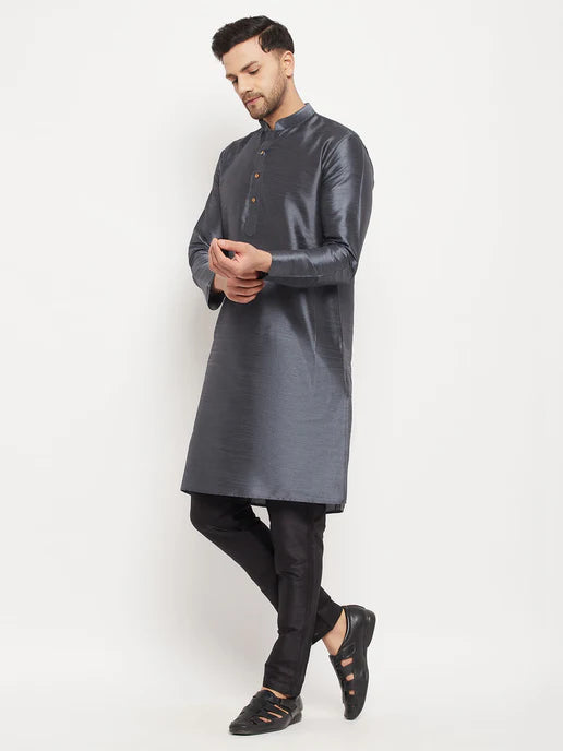 MEN'S GREY COTTON SILK BLEND KURTA AND BLACK PANT STYLE PYJAMA SET