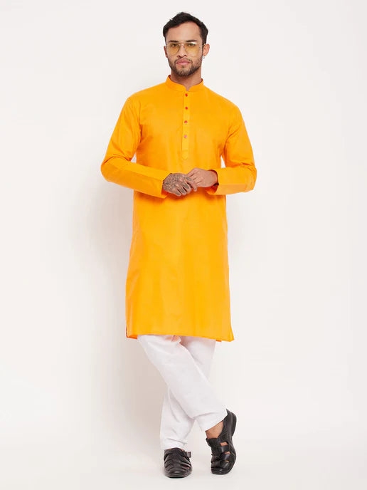 MEN'S ORANGE COTTON KURTA AND WHITE PYJAMA SET