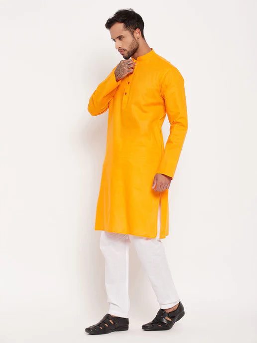 MEN'S ORANGE COTTON KURTA AND WHITE PYJAMA SET