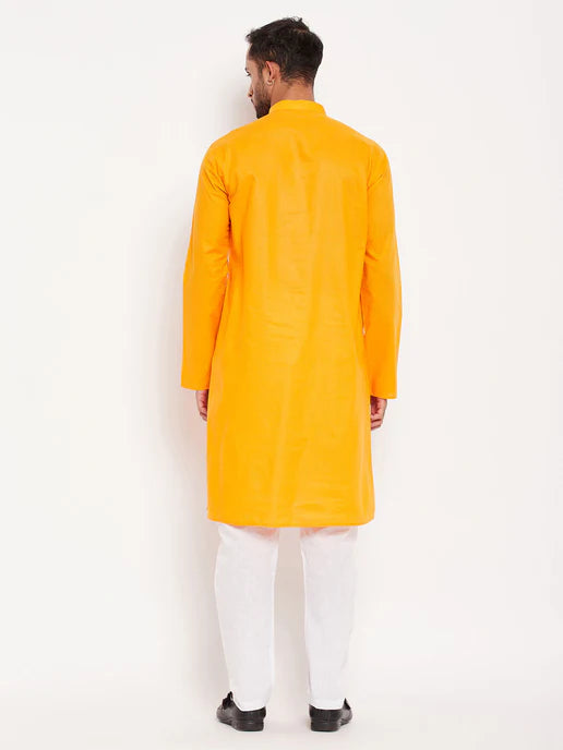 MEN'S ORANGE COTTON KURTA AND WHITE PYJAMA SET