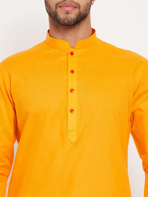 MEN'S ORANGE COTTON KURTA AND WHITE PYJAMA SET