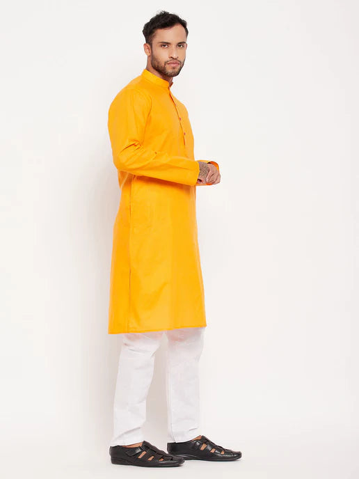MEN'S ORANGE COTTON KURTA AND WHITE PYJAMA SET