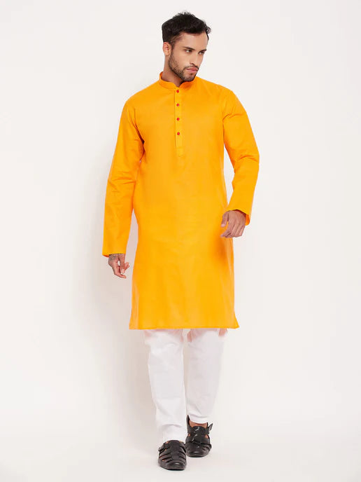MEN'S ORANGE COTTON KURTA AND WHITE PYJAMA SET