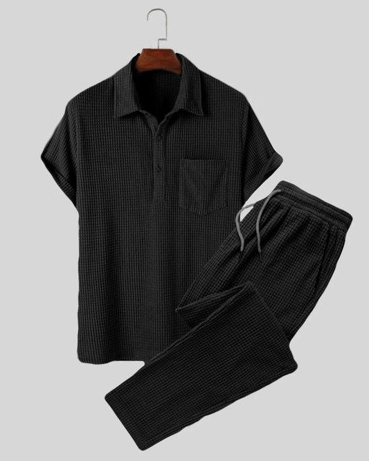 BHAYLA'S SET OF TWO: MEN'S BLACK SHORT SLEEVE KNIT SHIRT WITH DRAWSTRING POCKET PANT