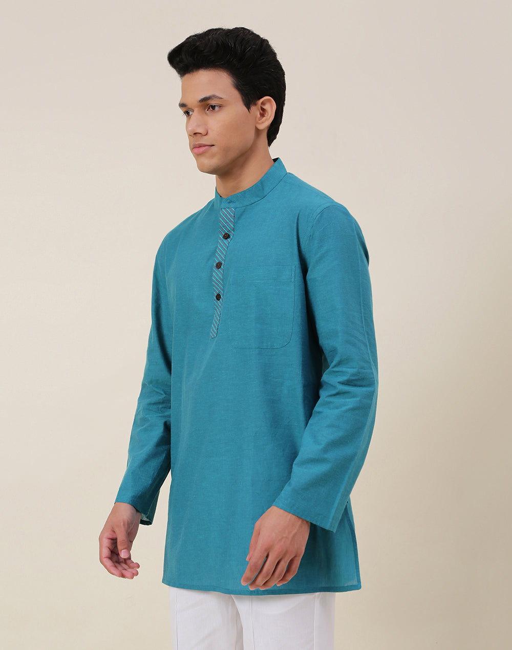 Teal Cotton Woven Short Kurta