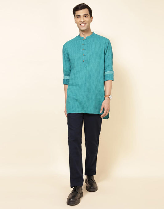 Teal Cotton Printed Slim Fit Short Kurta