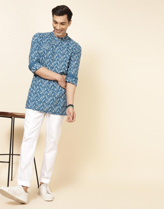 BLUE COTTON PRINTED SLIM FIT SHORT KURTA