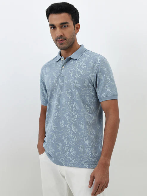 BHAYLA'S DUSTY BLUE LEAF PRINT COTTON-BLEND POLO T-SHIRT