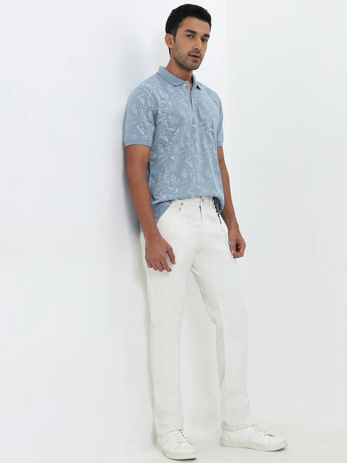 BHAYLA'S DUSTY BLUE LEAF PRINT COTTON-BLEND POLO T-SHIRT