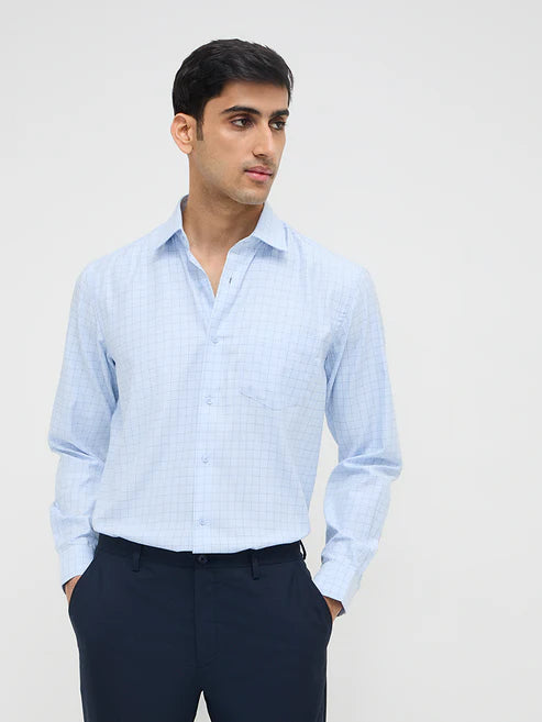 BHAYLA'S BLUE CHECKERED RELAXED-FIT COTTON-BLEND SHIRT