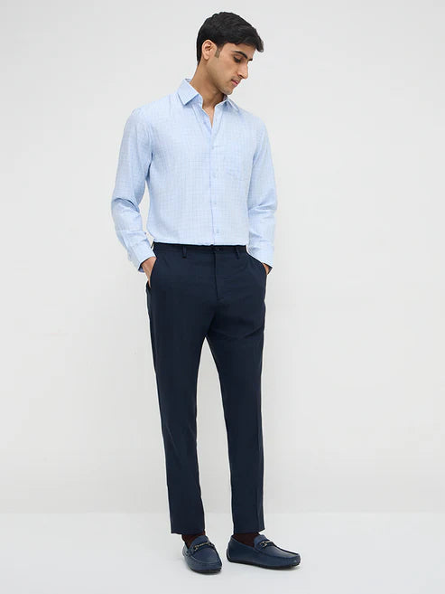 BHAYLA'S BLUE CHECKERED RELAXED-FIT COTTON-BLEND SHIRT