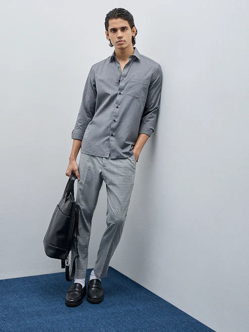 BHAYLA'S CHARCOAL MELANGE SLIM-FIT COTTON-BLEND SHIRT