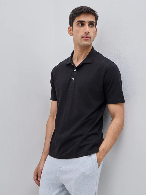 BHAYLA'S BLACK SELF-PATTERN COTTON POLO T-SHIRT