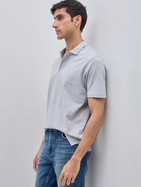 BHAYLA'S GREY SELF-PATTERN COTTON POLO T-SHIRT
