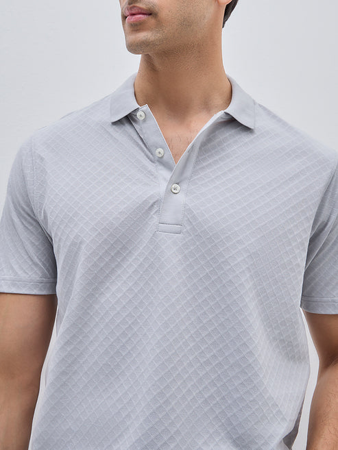 BHAYLA'S GREY SELF-PATTERN COTTON POLO T-SHIRT