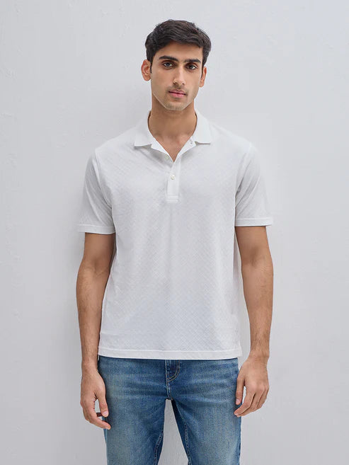 BHAYLA'S WHITE SELF-PATTERN COTTON POLO T-SHIRT