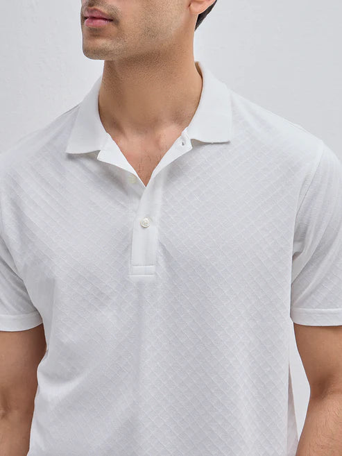 BHAYLA'S WHITE SELF-PATTERN COTTON POLO T-SHIRT