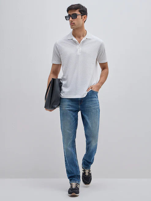 BHAYLA'S WHITE SELF-PATTERN COTTON POLO T-SHIRT