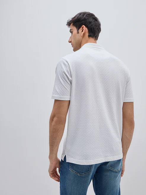 BHAYLA'S WHITE SELF-PATTERN COTTON POLO T-SHIRT