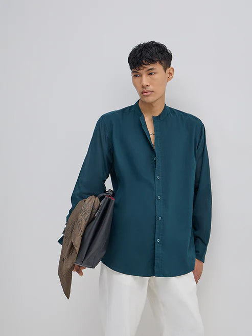 BHAYLA'S EMERALD GREEN BAND-NECK RELAXED-FIT SHIRT