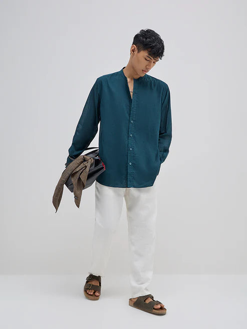BHAYLA'S EMERALD GREEN BAND-NECK RELAXED-FIT SHIRT