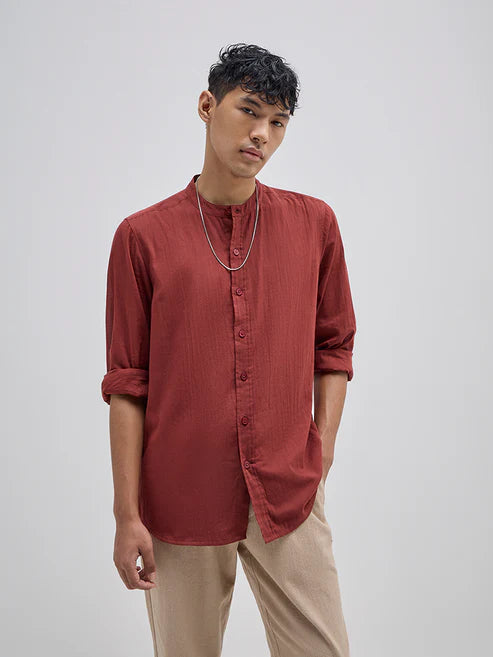 BHAYLA'S RUST BAND-NECK RELAXED-FIT SHIRT