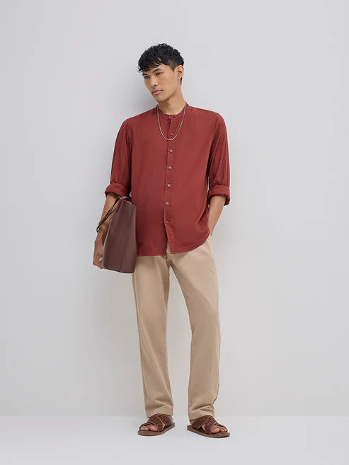 BHAYLA'S RUST BAND-NECK RELAXED-FIT SHIRT
