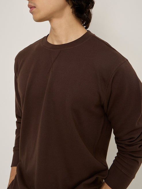 BHAYLA'S DARK BROWN WAFFLE-TEXTURE RELAXED-FIT SWEATSHIRT