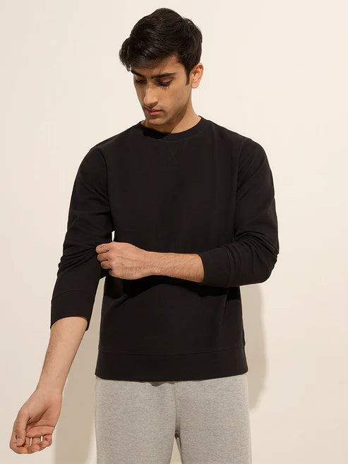 BHAYLA'S BLACK WAFFLE-TEXTURE RELAXED-FIT FULL-SLEEVE T-SHIRT
