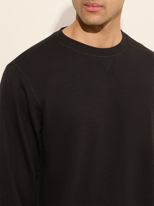 BHAYLA'S BLACK WAFFLE-TEXTURE RELAXED-FIT FULL-SLEEVE T-SHIRT