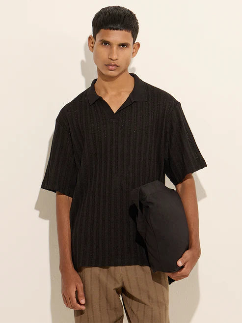 BHAYLA'S BLACK RELAXED FIT KNIT POLO T-SHIRT