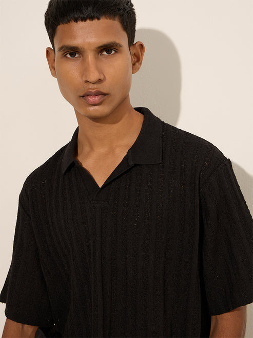 BHAYLA'S BLACK RELAXED FIT KNIT POLO T-SHIRT