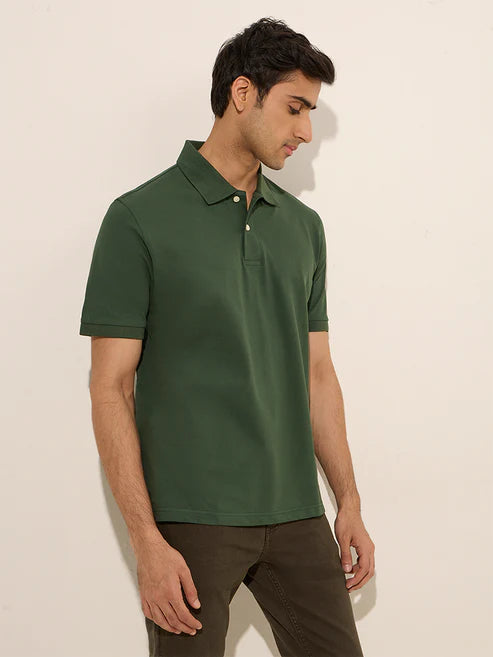 BHAYLA'S DARK GREEN COTTON-BLEND POLO T-SHIRT