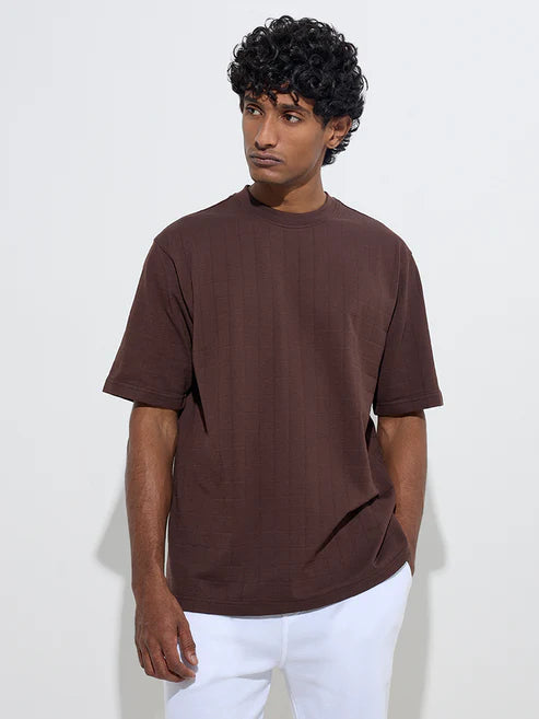 BHAYLA'S DARK BROWN COTTON-BLEND RELAXED-FIT HALF-SLEEVE T-SHIRT