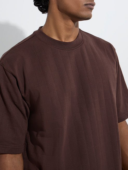 BHAYLA'S DARK BROWN COTTON-BLEND RELAXED-FIT HALF-SLEEVE T-SHIRT