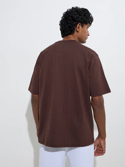 BHAYLA'S DARK BROWN COTTON-BLEND RELAXED-FIT HALF-SLEEVE T-SHIRT