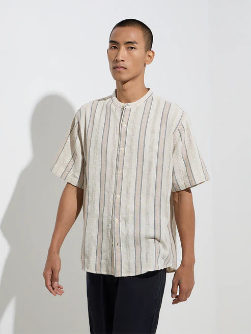 BHAYLA'S BEIGE STRIPED KNIT-TEXTURE PURE COTTON RESORT-FIT SHIRT