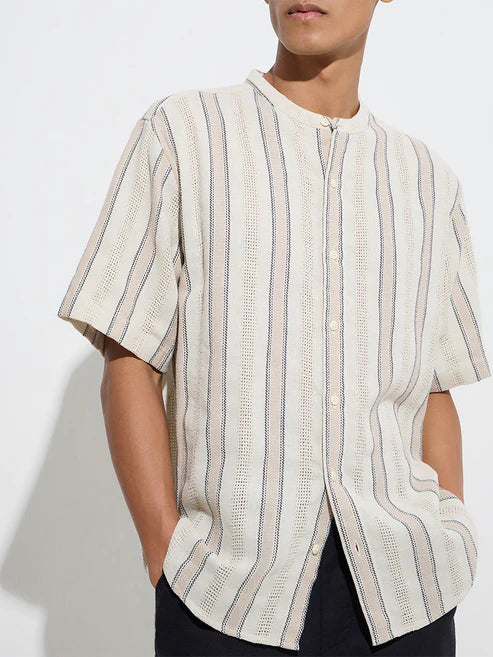 BHAYLA'S BEIGE STRIPED KNIT-TEXTURE PURE COTTON RESORT-FIT SHIRT