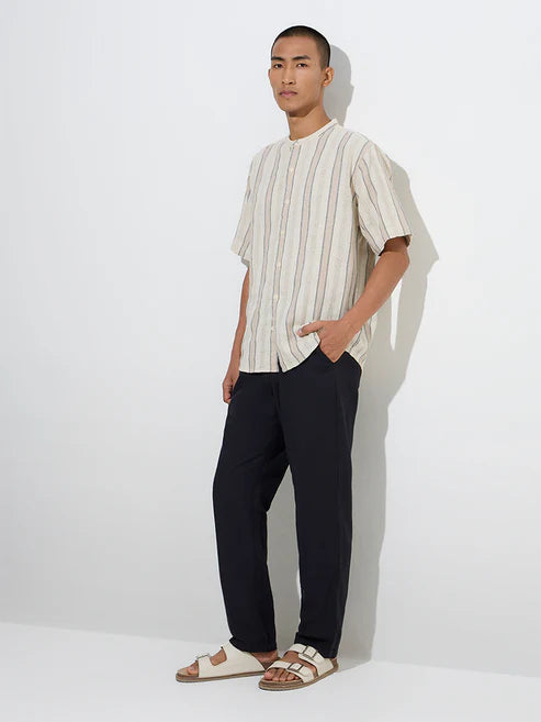 BHAYLA'S BEIGE STRIPED KNIT-TEXTURE PURE COTTON RESORT-FIT SHIRT