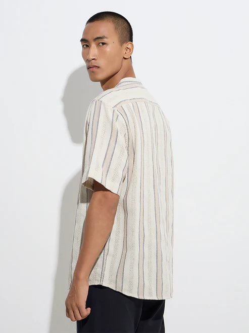BHAYLA'S BEIGE STRIPED KNIT-TEXTURE PURE COTTON RESORT-FIT SHIRT