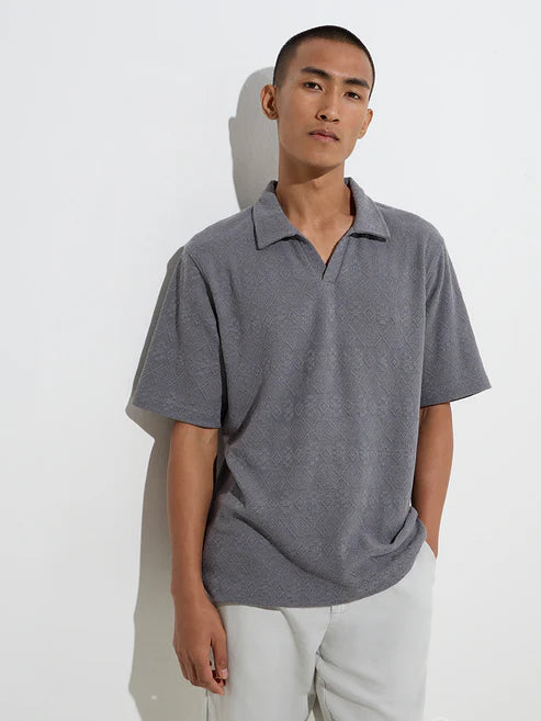 BHAYLA'S GREY EMBROIDERED COTTON-BLEND POLO T-SHIRT