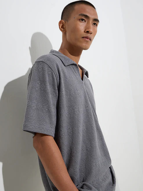 BHAYLA'S GREY EMBROIDERED COTTON-BLEND POLO T-SHIRT