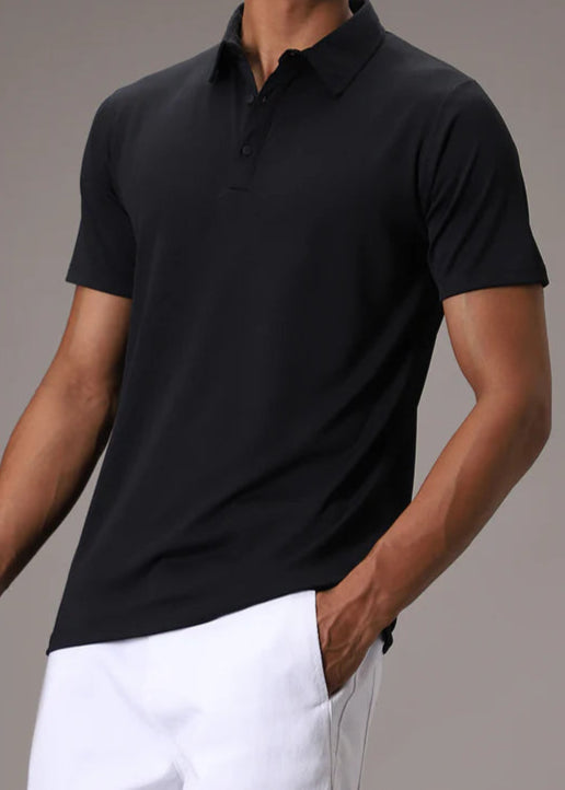BHAYLA'S BLACK PLAIN RIBBED POLO T-SHIRT