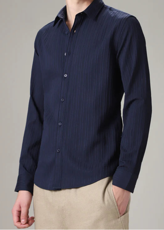 BHAYLA'S NAVY BLUE PLAIN SELF-STRIPED SHIRT