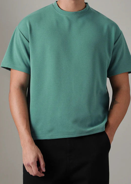BHAYLA'S OVERSIZED BOTTLE GREEN PLAIN TEXTURED T-SHIRT