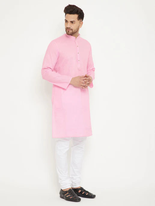 MEN'S PINK AND WHITE COTTON BLEND KURTA PYJAMA SET