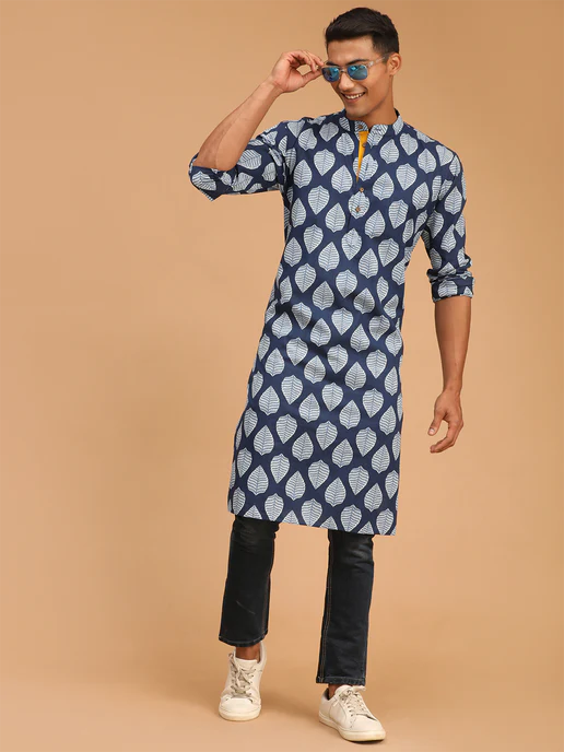 Men's Blue Leaf Print Cotton Kurta