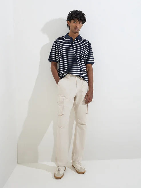 BHAYLA'S NAVY STRIPED COTTON-BLEND POLO T-SHIRT